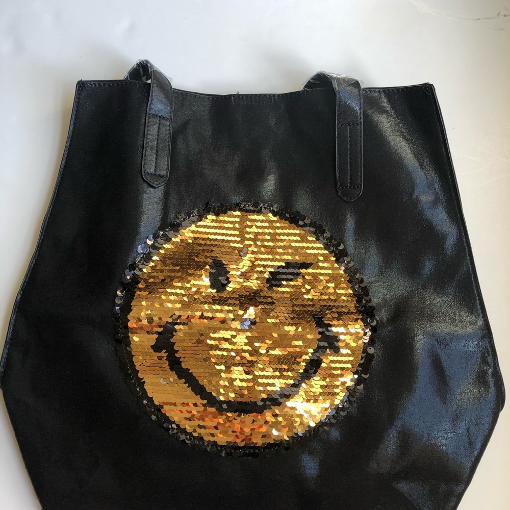 Black Tote Bag with Gold Sequin Smiley